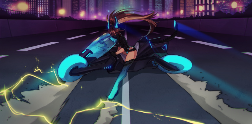 1girl, akira, akira_slide, biker_clothes, black_leotard, blue_horns, boots, brown_eyes