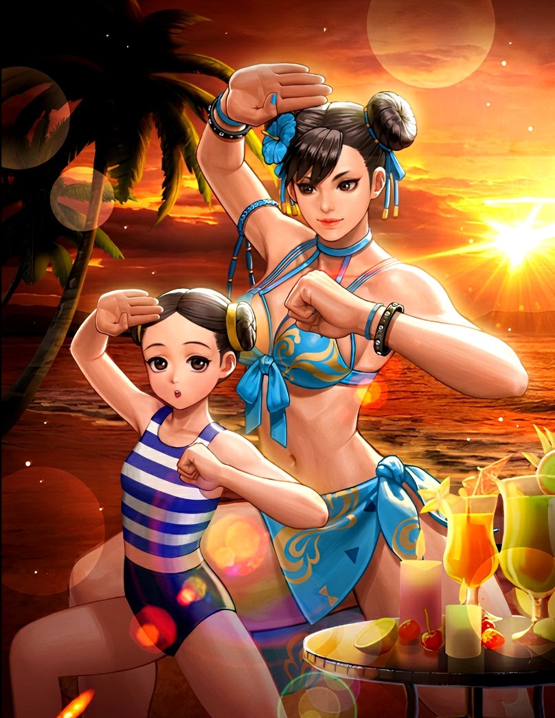 2girls, bangs, beach, bikini, blue_bikini, blue_choker, blue_sarong, breasts