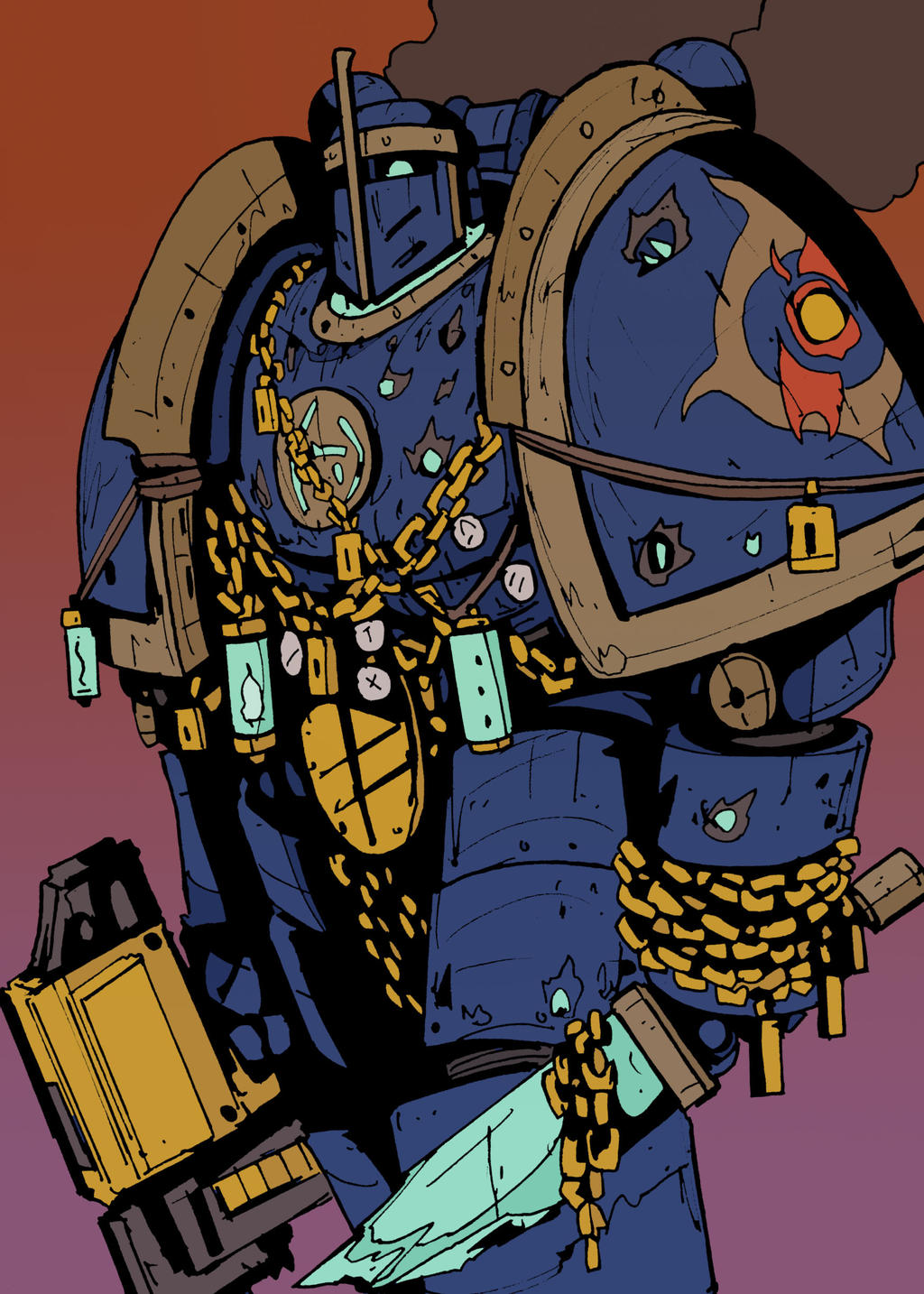 1boy, armor, blue_armor, blue_background, bolter, chain, chaos_(warhammer), chaos_space_marine