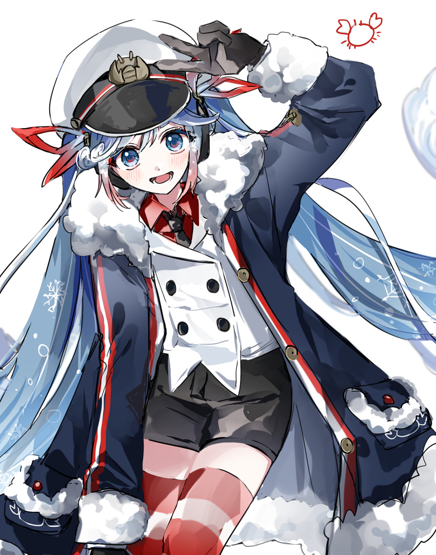 1girl, :d, arm_up, artist_logo, bangs, black_gloves, black_necktie, black_shorts, blue_eyes, blue_hair, blush, buttons, coat, collared_shirt, commentary, feet_out_of_frame, fur-trimmed_coat, fur_trim, gloves, gradient_hair, hair_between_eyes, hat, hatsune_miku, highres, knees, long_hair, long_sleeves, looking_at_viewer, lower_teeth, multicolored_hair, necktie, ok_o_o, open_mouth, red_shirt, redhead, shirt, shorts, simple_background, smile, snowflake_print, solo, striped, striped_legwear, teeth, thigh-highs, tongue, twintails, v, vocaloid, white_background, yuki_miku, yuki_miku_(2022)