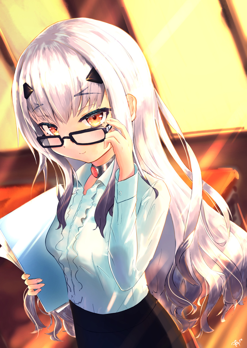 1girl, absurdres, asobeco, backlighting, bangs, black_skirt, blush, breasts, center_frills, collared_shirt, dress_shirt, fairy_knight_lancelot_(fate), fate/grand_order, fate_(series), frills, glasses, highres, jewelry, long_hair, long_sleeves, looking_at_viewer, neck_ring, shirt, sidelocks, skirt, small_breasts, smile, solo, white_hair, white_shirt, yellow_eyes