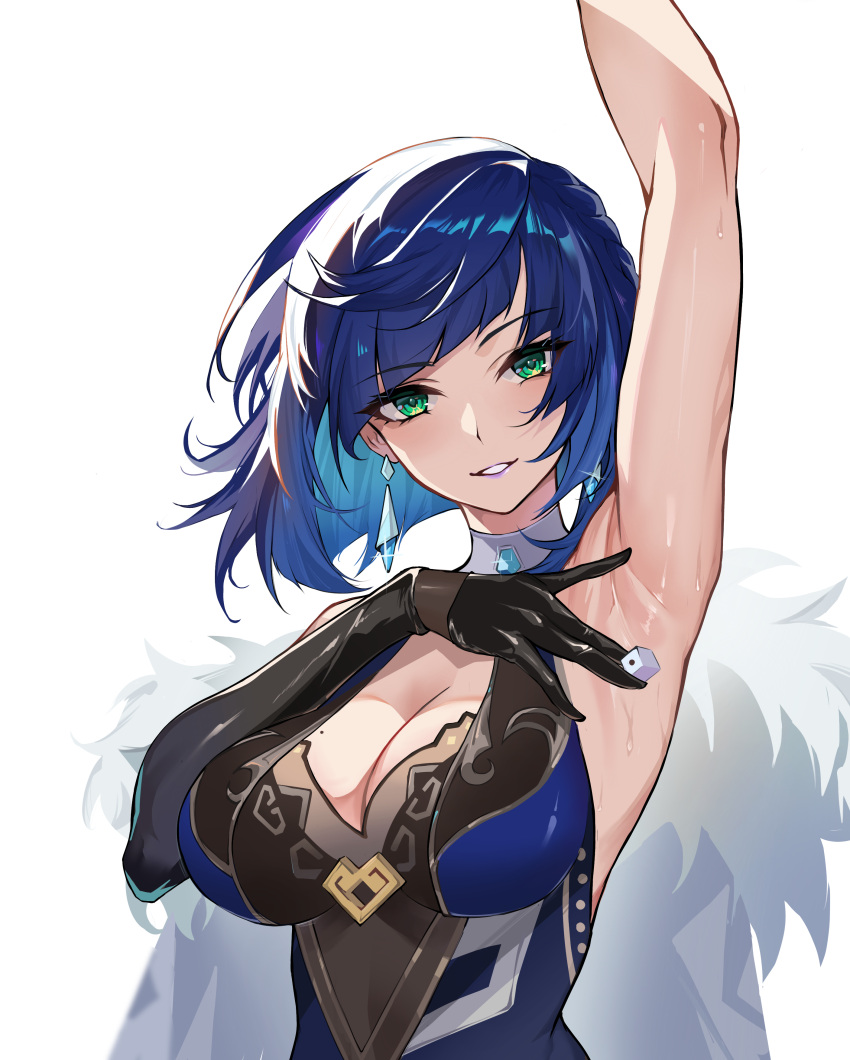 1girl, absurdres, arm_up, armpits, bangs, black_gloves, blue_dress, blue_hair, breasts, diagonal_bangs, dress, earrings, elbow_gloves, eyebrows_visible_through_hair, feather-trimmed_jacket, genshin_impact, gloves, green_eyes, highres, holding_dice, jacket, jacket_on_shoulders, jewelry, large_breasts, looking_at_viewer, mole, mole_on_breast, multicolored_hair, paradox, parted_lips, presenting_armpit, short_hair, single_elbow_glove, sleeveless, sleeveless_dress, smile, solo, sweat, two-tone_hair, upper_body, white_background, white_jacket, yelan_(genshin_impact)