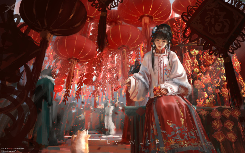 6+girls, animal, bangs, black_hair, cat, chinese_clothes, coat, dress