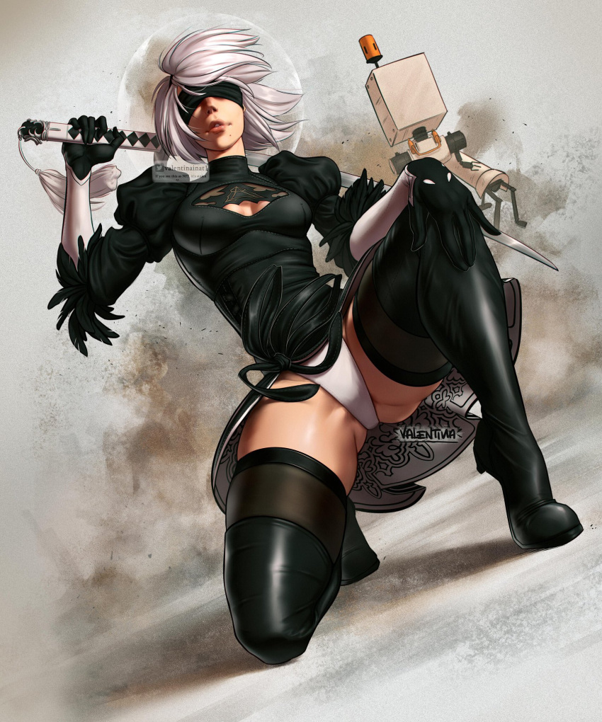 1girl, black_blindfold, black_dress, black_hairband, blindfold, boots, breasts, cleavage_cutout