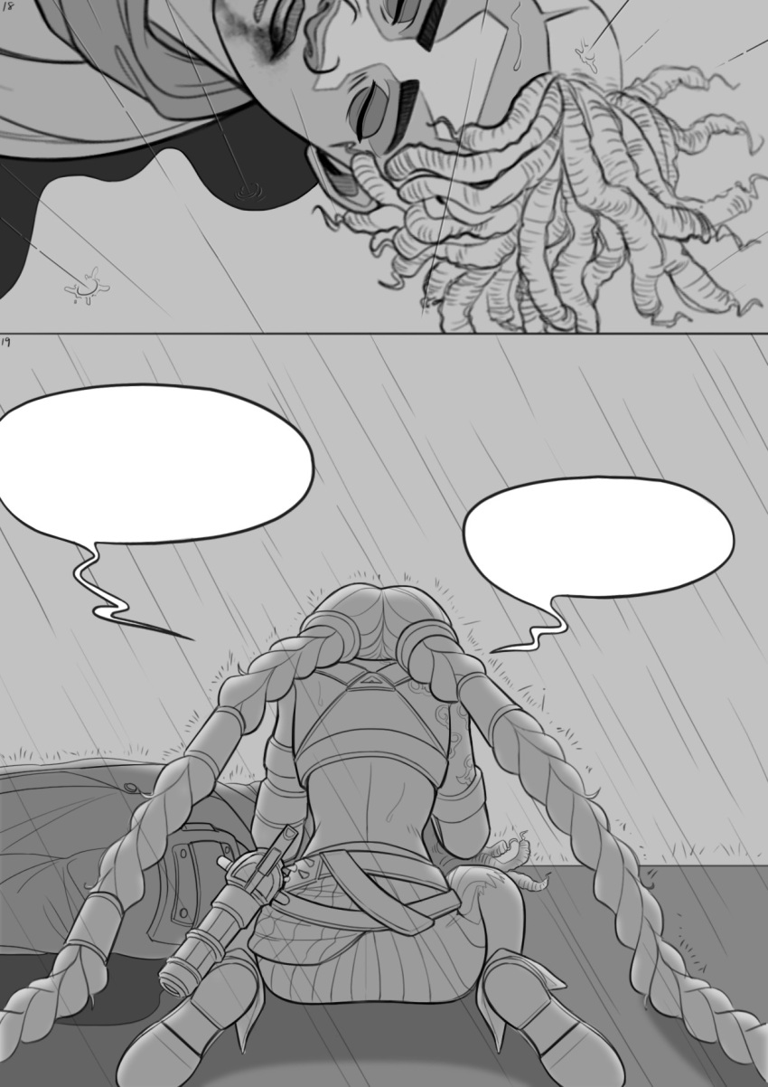 1boy, 1girl, arcane:_league_of_legends, arcane_jinx, blood, blood_on_face, closed_eyes, cloud_tattoo