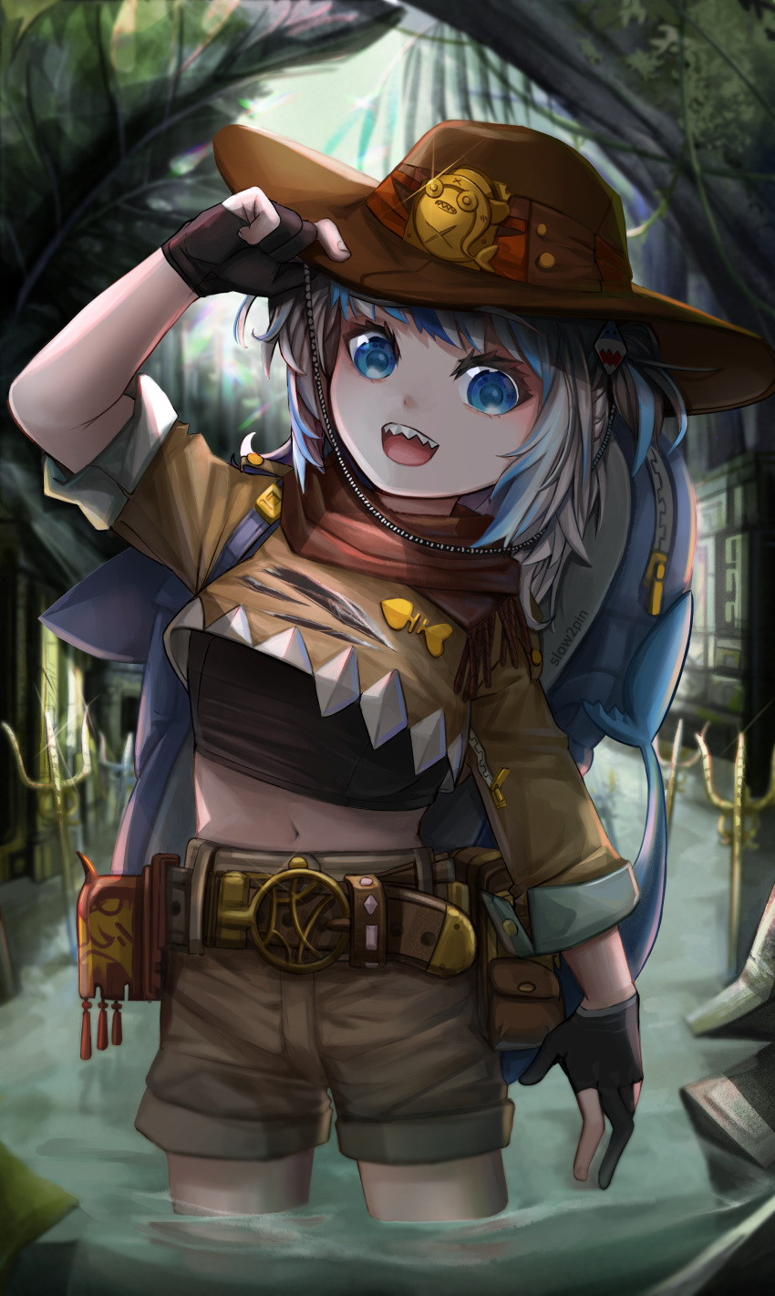 1girl, absurdres, alternate_costume, backpack, bag, belt, bloop_(gawr_gura), blue_eyes