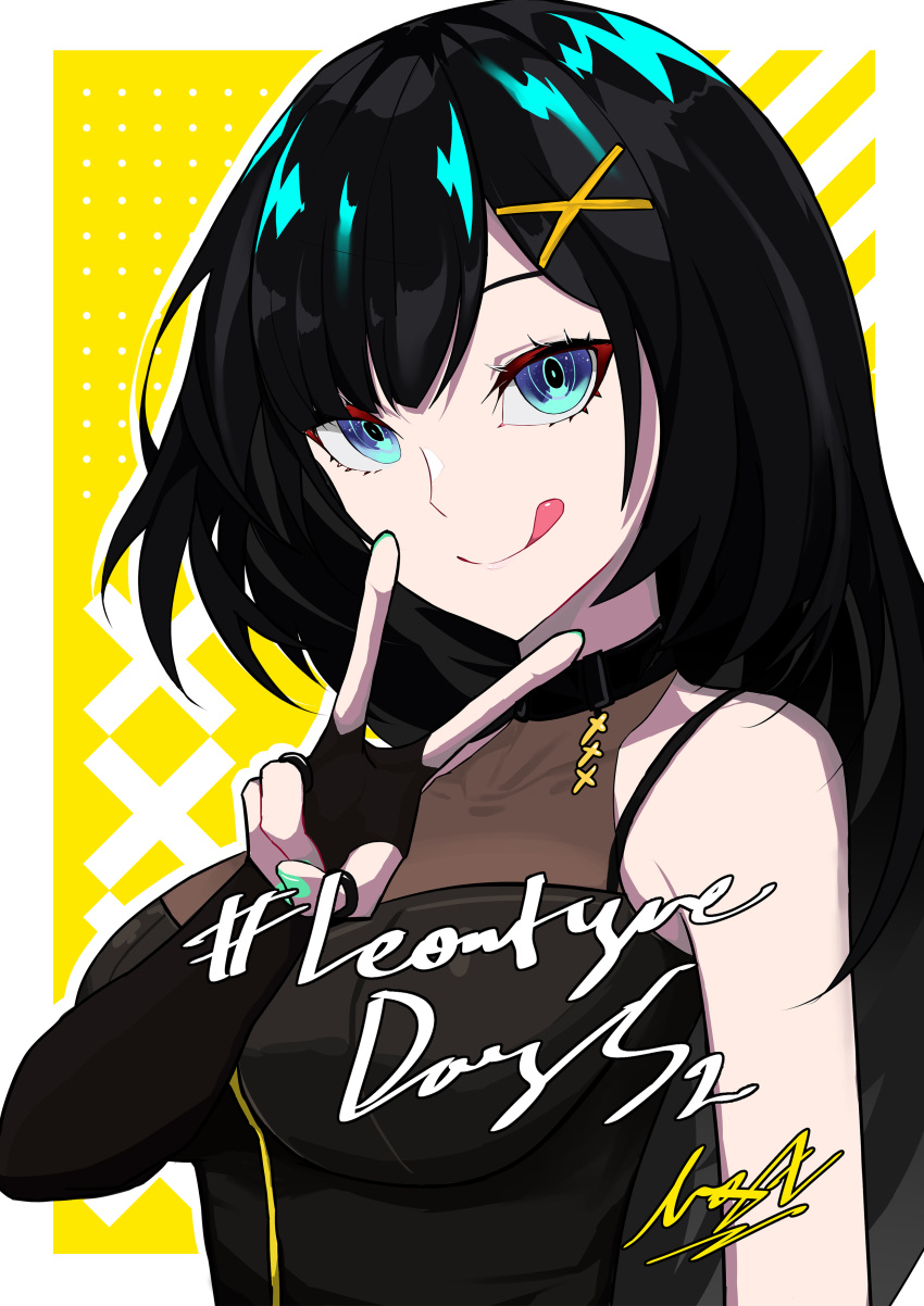 1girl, absurdres, alternate_hair_color, alternate_hairstyle, black_gloves, black_hair, blue_eyes, breasts, cungi_van_houten, eyebrows_behind_hair, fingerless_gloves, gloves, halter_top, halterneck, head_tilt, highres, indonesian_commentary, licking_lips, long_hair, looking_at_viewer, medium_breasts, nijisanji, nijisanji_id, siska_leontyne, tongue, tongue_out, v, virtual_youtuber