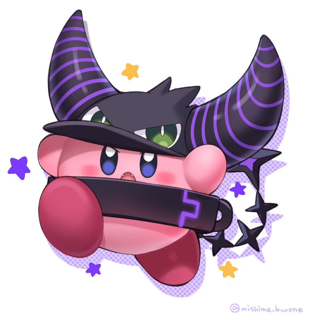 :o, black_headwear, blue_eyes, copy_ability, cosplay, crow_(la+_darknesss), fangs, hololive, horns, kirby, kirby_(series), la+_darknesss, la+_darknesss_(cosplay), mishima_kurone, no_humans, objectification, open_mouth, tail, twitter_username, v-shaped_eyebrows, virtual_youtuber, white_background