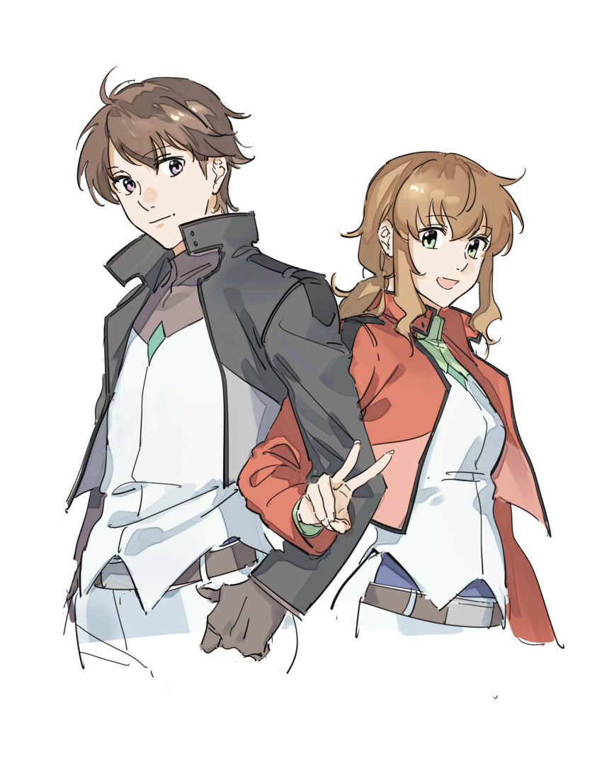 1boy, 1girl, belt, black_jacket, breasts, brown_belt, brown_hair, christina_sierra