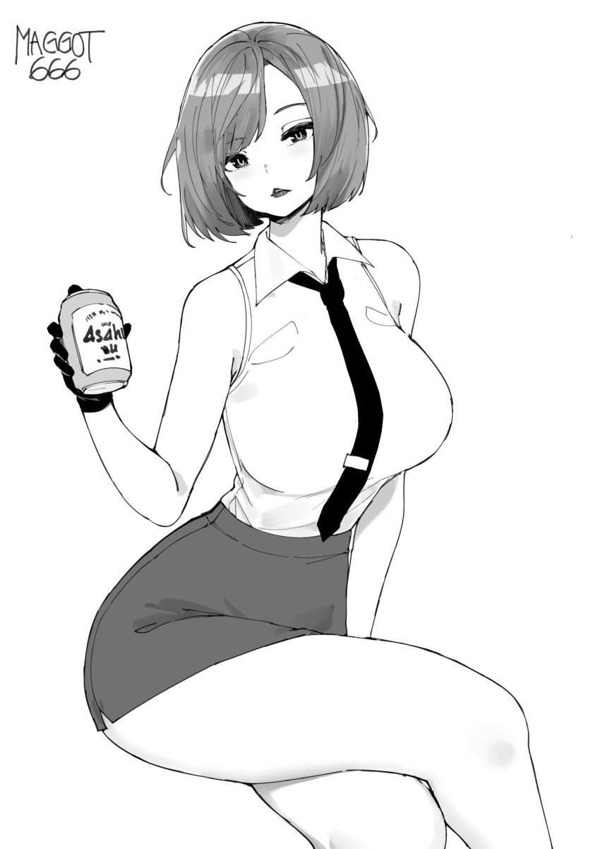 1girl, adapted_costume, alternate_costume, asahi_breweries, bangs, beer_can, breasts, can, collared_shirt, crossed_legs, english_commentary, gloves, highres, holding, invisible_chair, large_breasts, lips, mature_female, monochrome, necktie, norman_maggot, office_lady, pencil_skirt, shirt, short_hair, sitting, skirt, sleeveless, sleeveless_shirt, solo, swept_bangs, the_king_of_fighters, tie_clip, vanessa_(kof)
