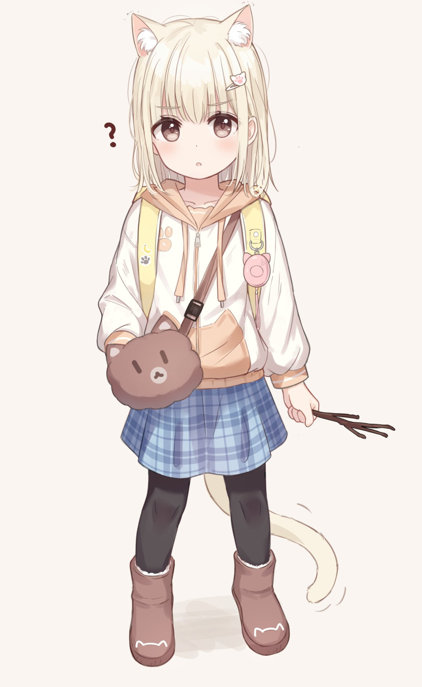1girl, ?, absurdres, animal_ear_fluff, animal_ears, backpack, bag, blonde_hair