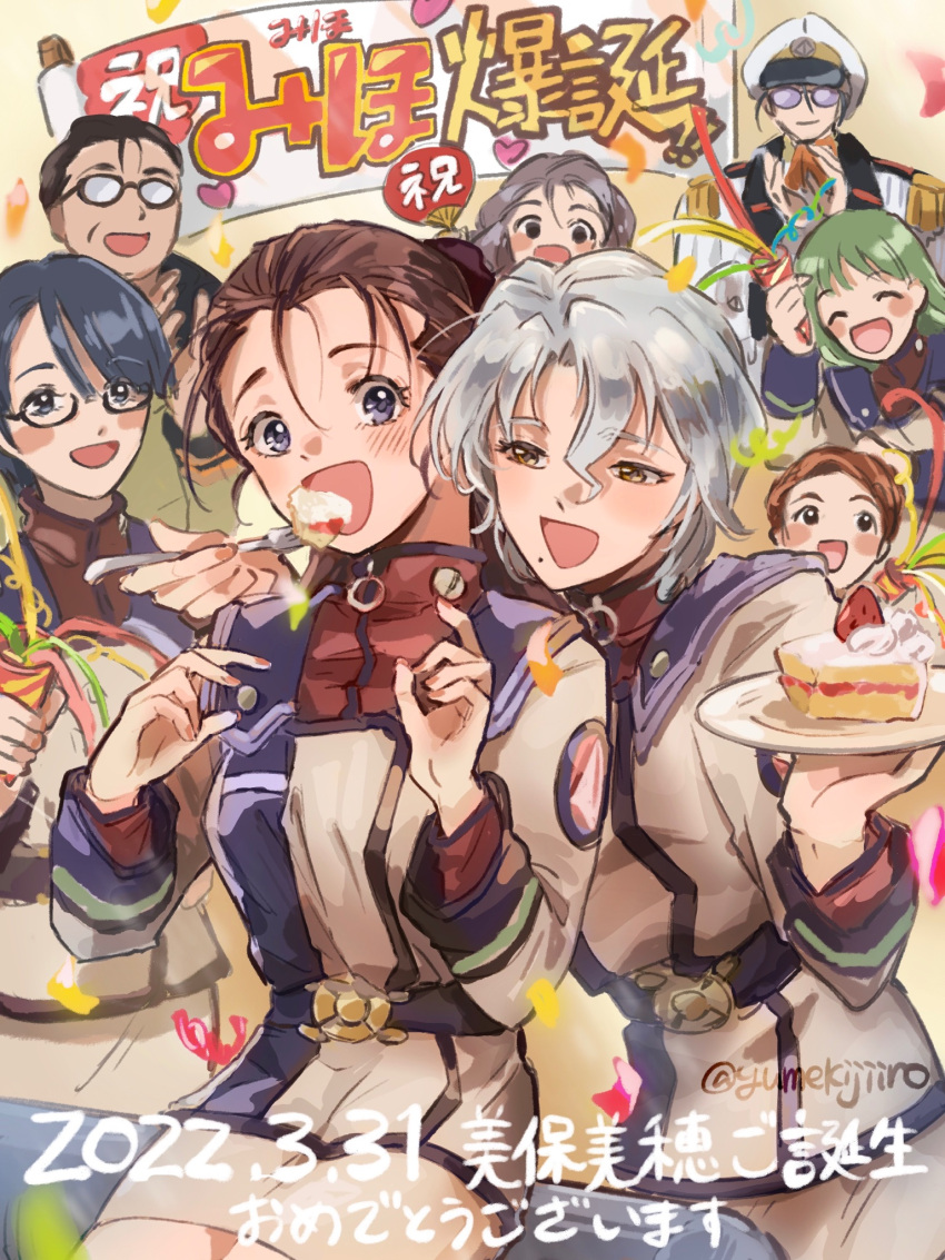 2boys, 6+girls, ^_^, bangs, blue_eyes, blue_hair, breasts, brown_eyes