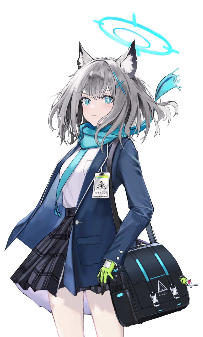 1girl, absurdres, animal_ear_fluff, animal_ears, bag, black_bag, black_skirt, blazer, blue_archive, blue_eyes, blue_jacket, blue_necktie, blue_scarf, breasts, closed_mouth, cowboy_shot, cross_hair_ornament, furrowed_brow, gloves, green_gloves, grey_hair, hair_ornament, halo, highres, id_card, jacket, kimbird, light_blush, long_hair, long_sleeves, mismatched_pupils, necktie, open_clothes, open_jacket, plaid, plaid_skirt, scarf, school_bag, school_uniform, shiroko_(blue_archive), shirt, shirt_tucked_in, shoulder_bag, simple_background, skirt, solo, striped, striped_scarf, two-tone_gloves, white_background, white_shirt, wind, wolf_ears