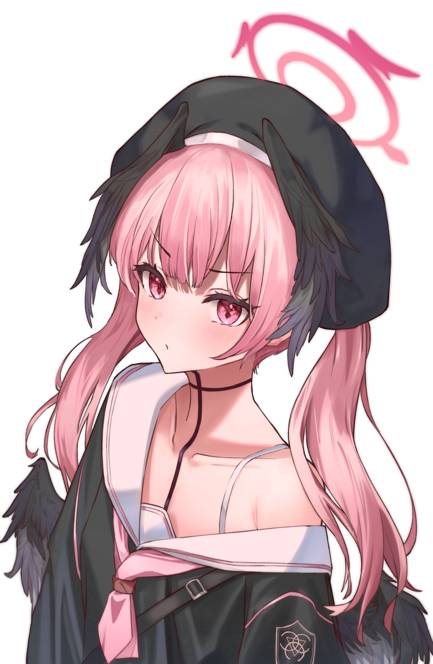 1girl, absurdres, beret, black_cardigan, black_headwear, black_wings, blue_archive, blush