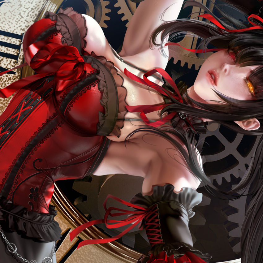 1girl, black_hair, black_legwear, breasts, choker, clock, clock_eyes, commentary