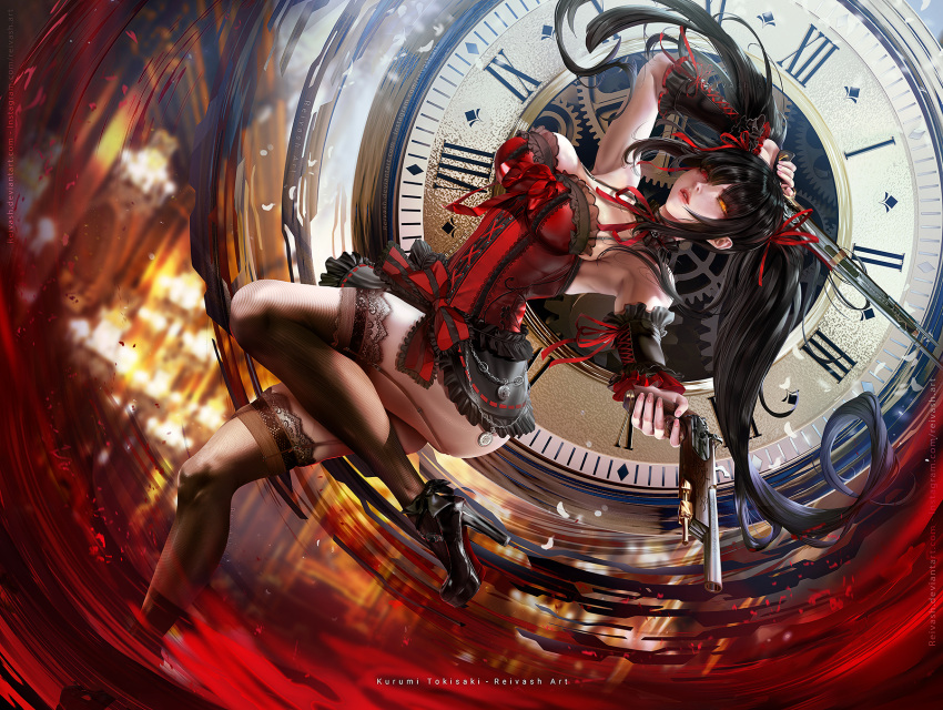 1girl, black_footwear, black_hair, black_legwear, breasts, choker, clock, clock_eyes