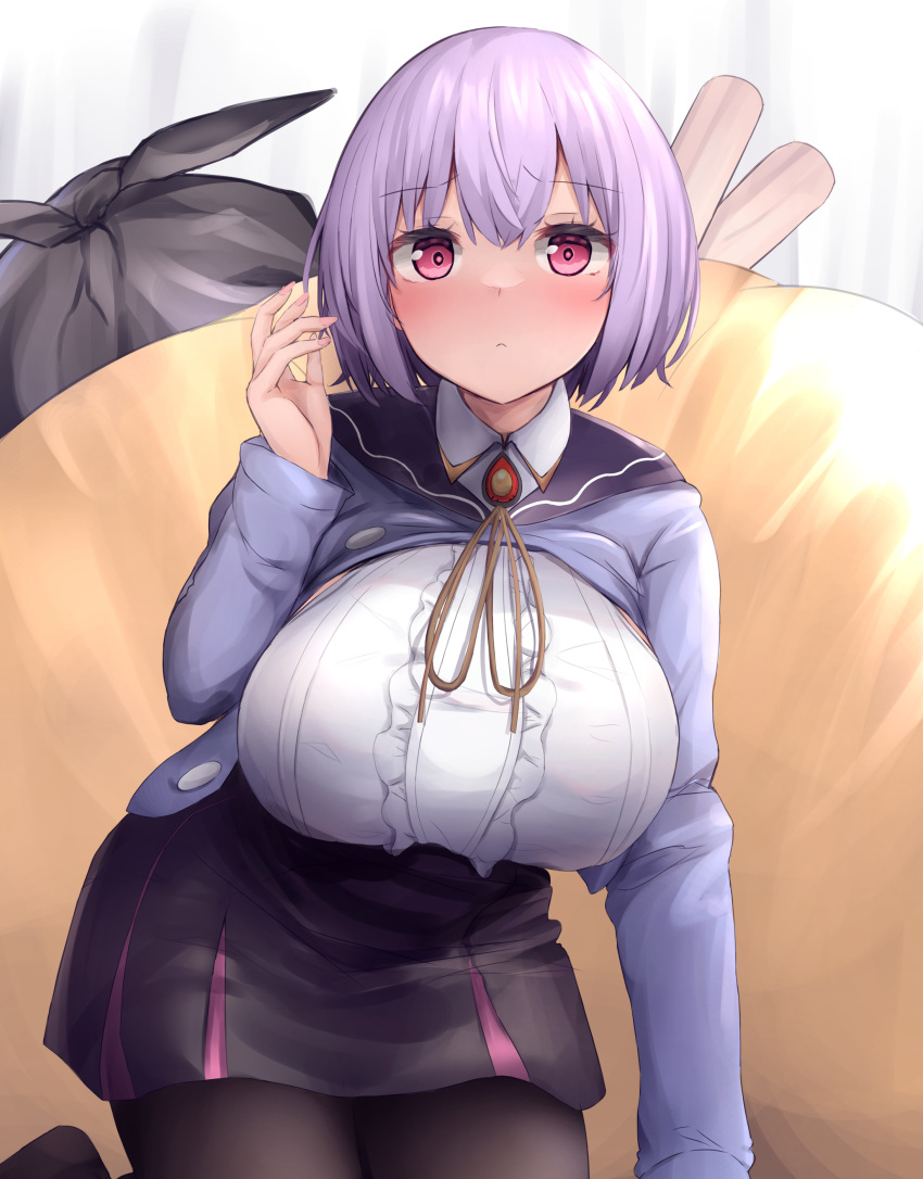 1girl, absurdres, bow, bowtie, boxcutter, breasts, button_gap, cardigan