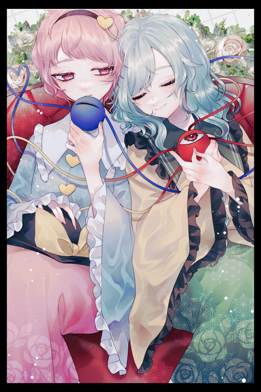 2girls, absurdres, bangs, black_hairband, black_headwear, blouse, blue_blouse, blush