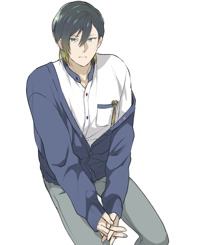 1103torenia, 1boy, black_hair, blonde_hair, bustafellows, collared_shirt, fingers_together, gradient_hair