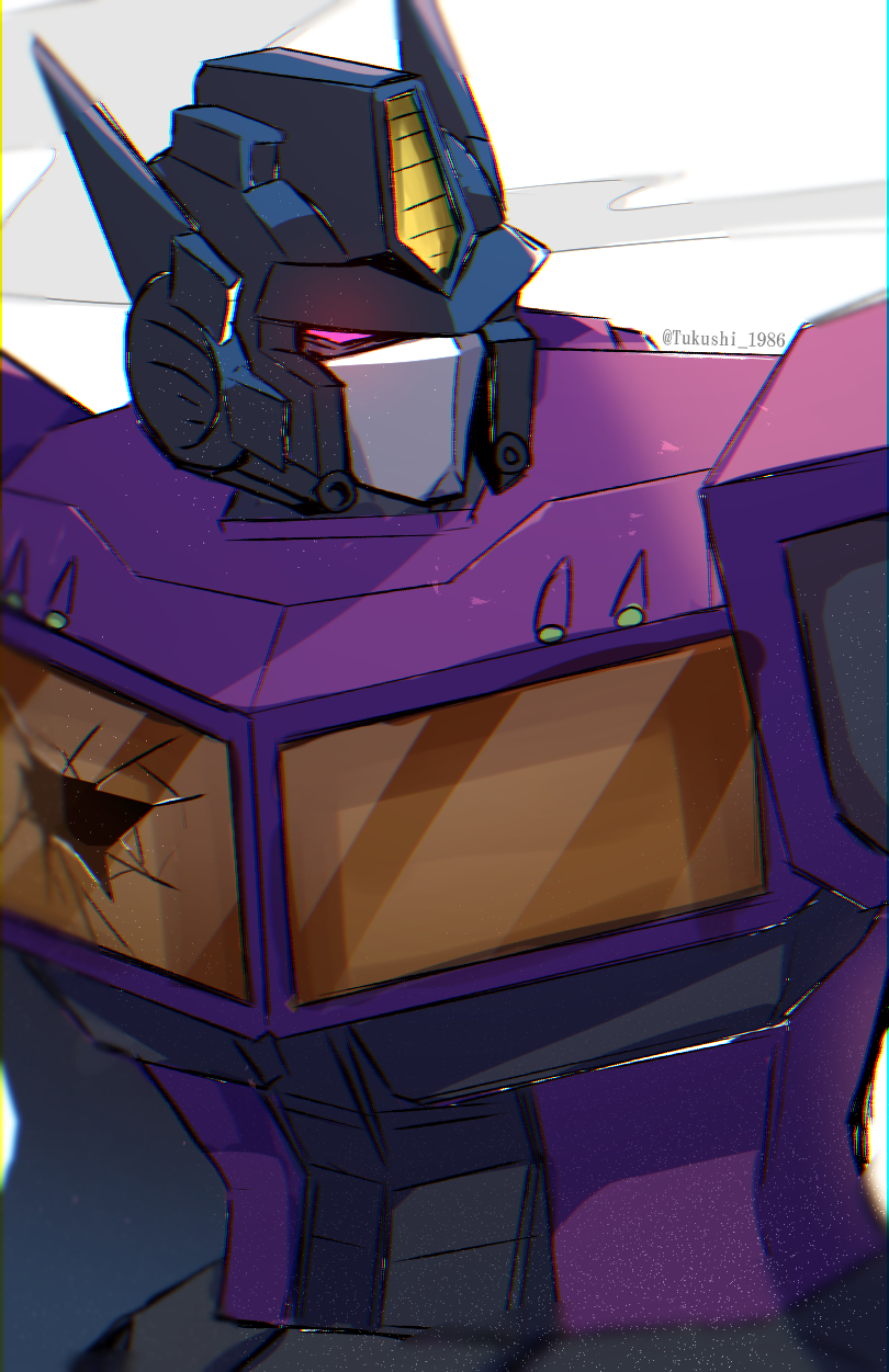 autobot, damaged, glowing, glowing_eye, highres, kako50, looking_to_the_side, mecha