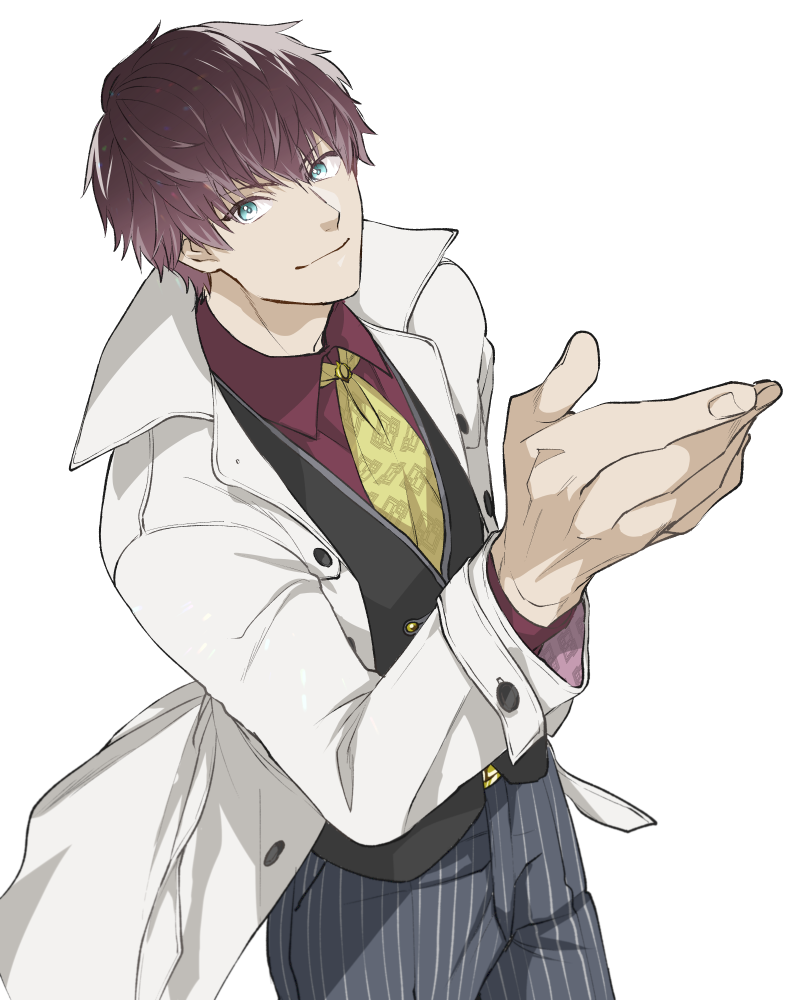 1103torenia, 1boy, black_vest, blue_eyes, brown_hair, bustafellows, coat, collared_shirt