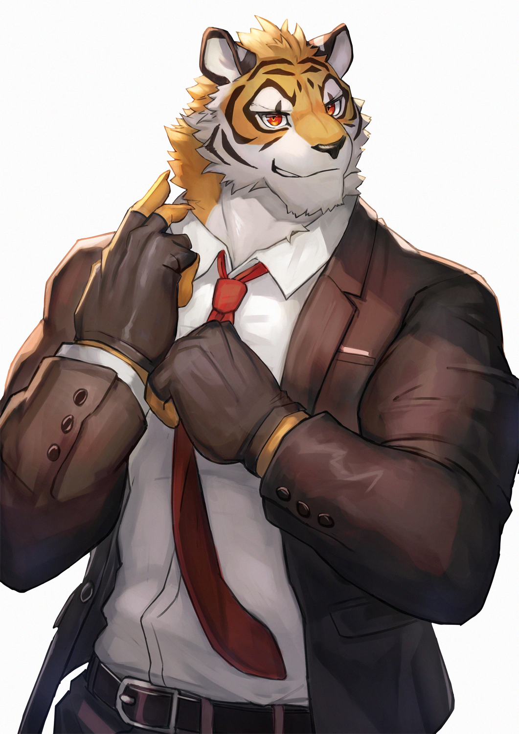 1boy, adjusting_clothes, adjusting_gloves, belt, black_gloves, black_suit, closed_mouth, collared_shirt, commentary, fingerless_gloves, formal, furry, furry_male, gloves, highres, male_focus, muscular, muscular_male, necktie, original, red_eyes, red_necktie, shirt, simple_background, solo, suit, suit_jacket, tiger, upper_body, vu~en, white_background, white_shirt