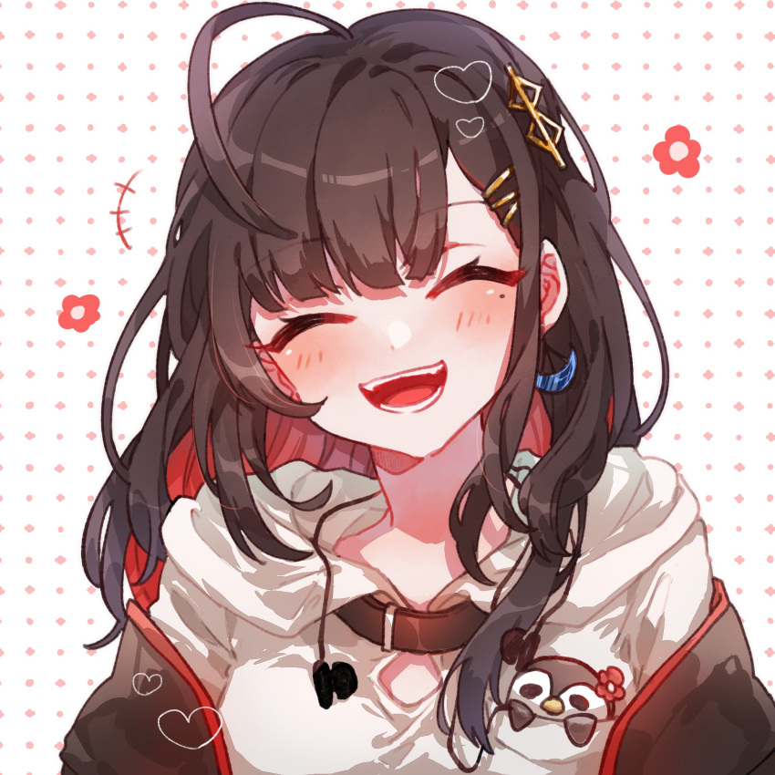1girl, ^_^, ahoge, black_hair, black_jacket, closed_eyes, colored_inner_hair, hair_behind_ear