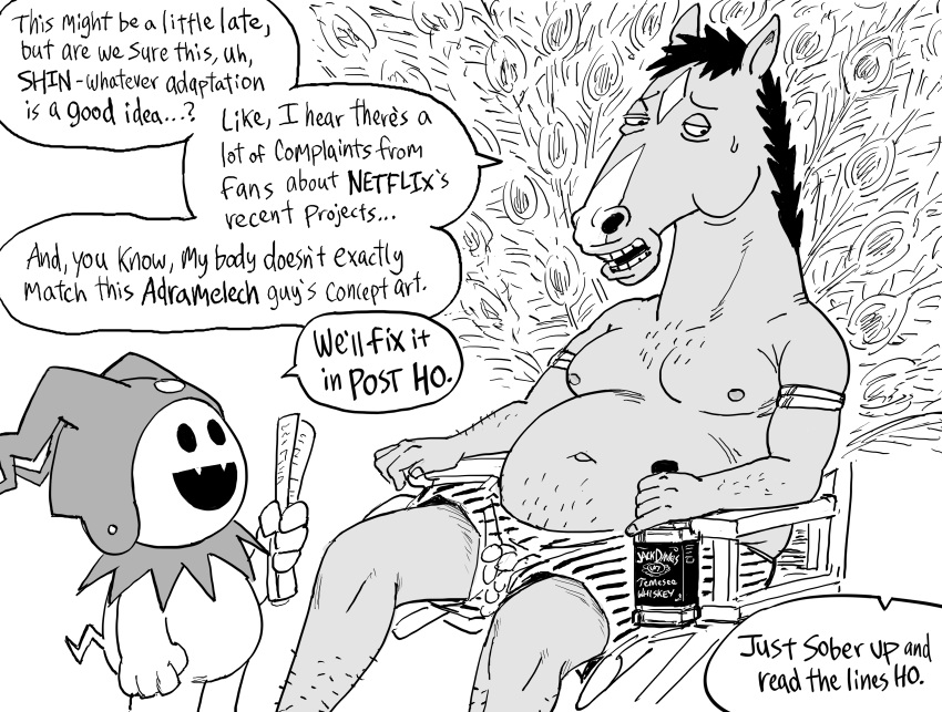2boys, absurdres, alcohol, bb_(baalbuddy), beer_belly, bojack_horseman, bojack_horseman_(series), bottle, crossover, english_commentary, english_text, facial_mark, fat, fat_man, furry, highres, holding, horse_man, jack_daniel's, jack_frost, male_focus, multiple_boys, shin_megami_tensei, shorts, sitting, speech_bubble, sweatdrop, topless_male, what, whiskey