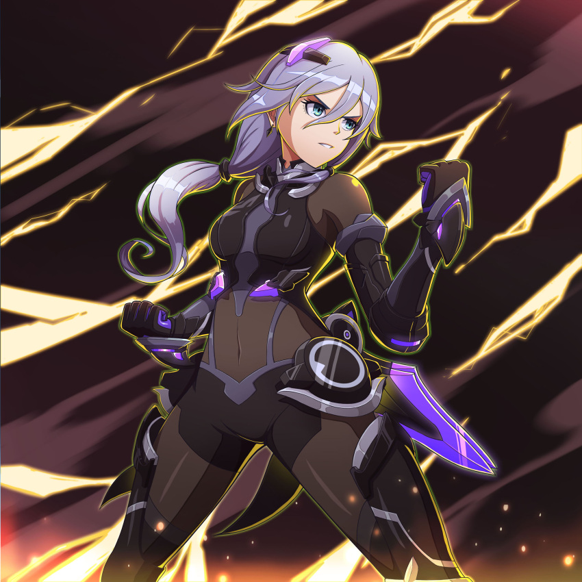 1girl, absurdres, bangs, black_bodysuit, black_gloves, black_hair, blue_eyes, bodysuit, emubi, fu_hua, fu_hua_(shadow_knight), gloves, hair_between_eyes, hair_ornament, highres, honkai_(series), honkai_impact_3rd, long_hair, open_mouth, ponytail, solo, v-shaped_eyebrows