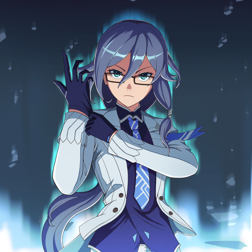 1girl, absurdres, bangs, black_gloves, black_hair, blue_eyes, blue_necktie, blue_vest