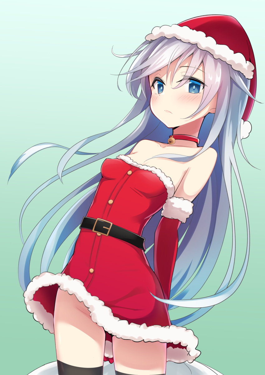 1girl, absurdres, alternate_costume, arms_behind_back, bangs, bell, black_legwear, blue_eyes