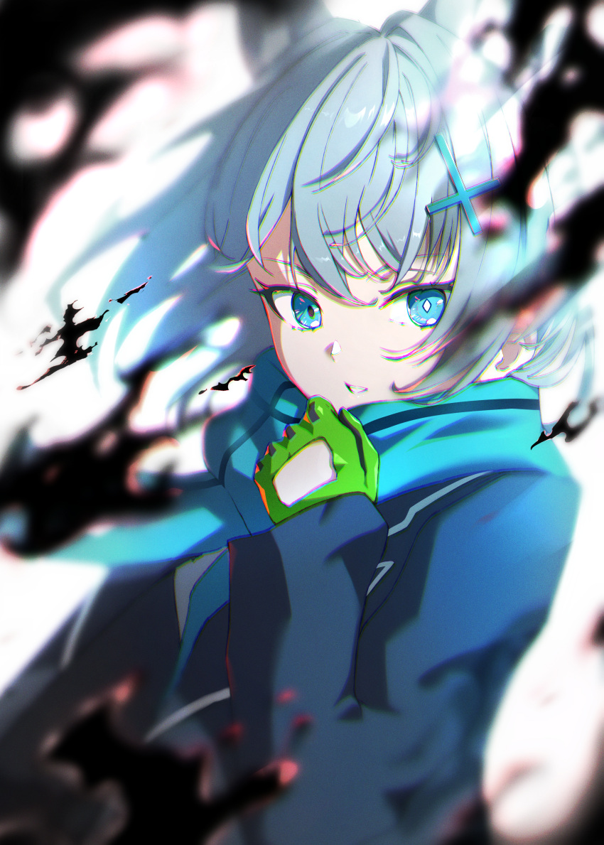 1girl, absurdres, animal_ears, blazer, blood, blood_splatter, bloom, blue_archive, blue_eyes, blue_jacket, blue_necktie, blue_scarf, blurry, chromatic_aberration, cross_hair_ornament, depth_of_field, extra_ears, gloves, green_gloves, hair_ornament, hand_up, highres, iori_(nanonamuco), jacket, long_sleeves, looking_ahead, medium_hair, mismatched_pupils, necktie, open_clothes, open_jacket, scarf, shiroko_(blue_archive), simple_background, striped, striped_scarf, upper_body, white_background, wolf_ears