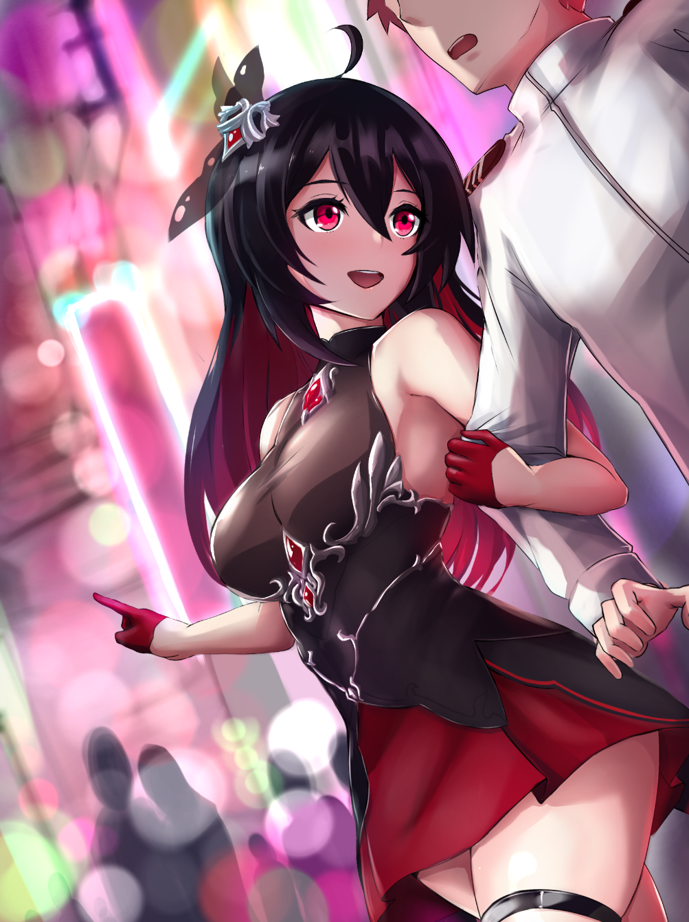 1boy, 1girl, :d, bangs, bare_shoulders, black_dress, captain_(honkai_impact), city_lights