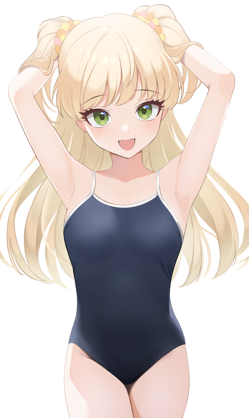 1girl, :d, armpits, arms_up, bangs, blonde_hair, commentary_request, cowboy_shot, eyebrows_visible_through_hair, eyelashes, gokome, green_eyes, hair_ornament, highres, idolmaster, idolmaster_cinderella_girls, jougasaki_rika, long_hair, looking_at_viewer, one-piece_swimsuit, open_mouth, school_swimsuit, short_twintails, simple_background, smile, solo, swimsuit, twintails, white_background