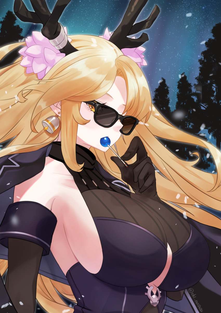 1girl, absurdres, artist_name, bare_shoulders, bell, blonde_hair, breasts, candy