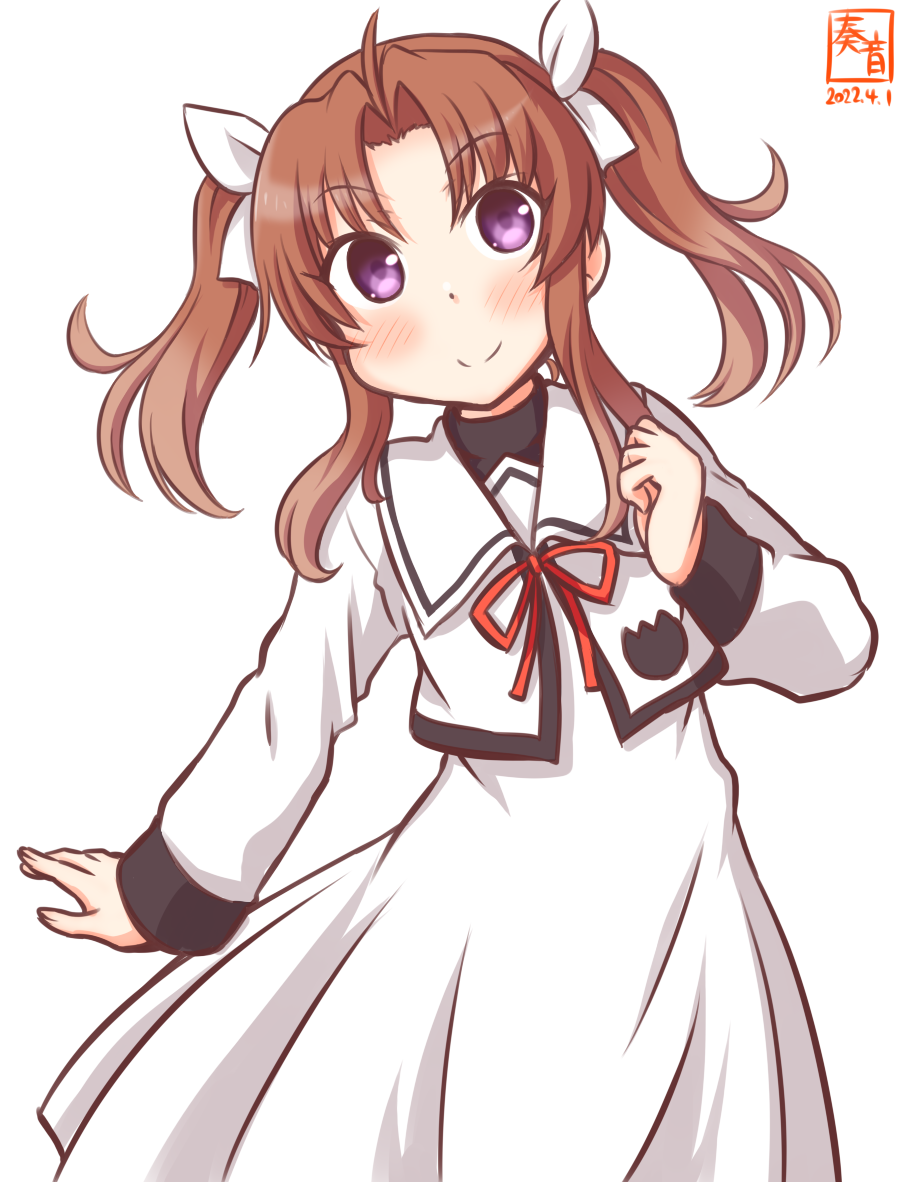 1girl, ahoge, artist_logo, brown_hair, commentary_request, cosplay, cowboy_shot, dated, dress, hair_ribbon, kagerou_(kancolle), kagerou_kai_ni_(kancolle), kanon_(kurogane_knights), kantai_collection, long_hair, look-alike, looking_at_viewer, lyrical_nanoha, mahou_shoujo_lyrical_nanoha, one-hour_drawing_challenge, ribbon, school_uniform, seishou_elementary_school_uniform, simple_background, solo, standing, takamachi_nanoha, takamachi_nanoha_(cosplay), twintails, violet_eyes, white_background, white_dress, white_ribbon
