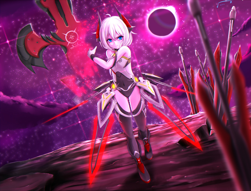 1girl, armored_leotard, bangs, bare_shoulders, black_footwear, blue_eyes, boots, closed_mouth, cross_(weapon), dress, gloves, highres, honkai_(series), honkai_impact_3rd, kaiten_nekohige, leotard, long_hair, looking_at_viewer, purple_sky, side_ponytail, sky, sleeveless, sleeveless_dress, solo, standing, star_(sky), starry_sky, sword, theresa_apocalypse, theresa_apocalypse_(violet_executer), thigh-highs, thigh_boots, weapon, white_gloves, white_hair