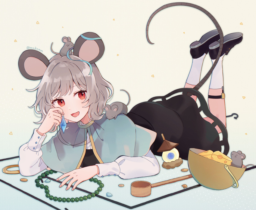 1girl, :d, animal_ears, animal_on_head, bangs, basket, bead_necklace, beads