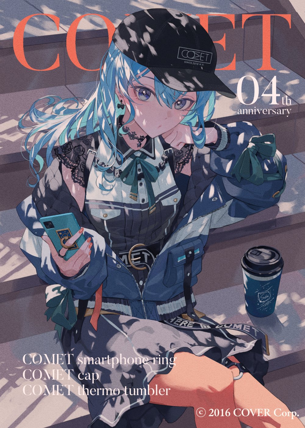 1girl, baseball_cap, black_headwear, black_skirt, blue_eyes, blue_hair, blue_jacket, cellphone