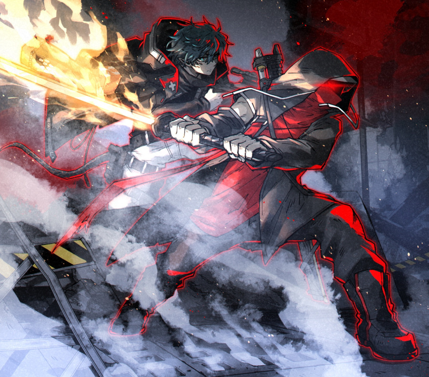 2boys, arknights, boots, covered_mouth, faust_(arknights), fighting_stance, flaming_sword, flaming_weapon