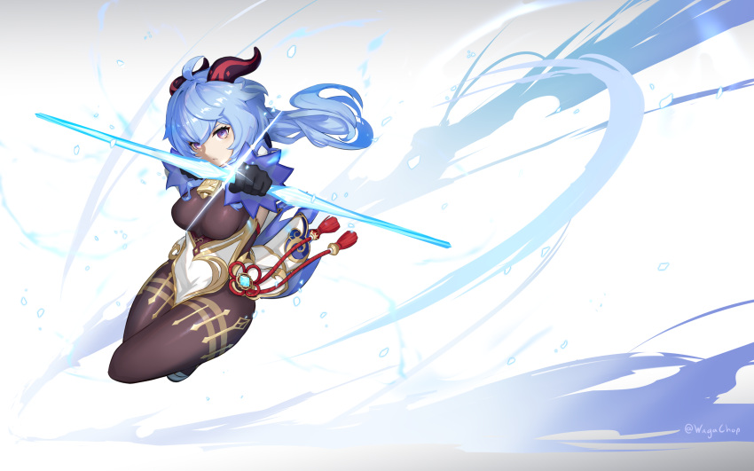 1girl, ahoge, bangs, bell, black_gloves, black_legwear, blue_hair, bow_(weapon)
