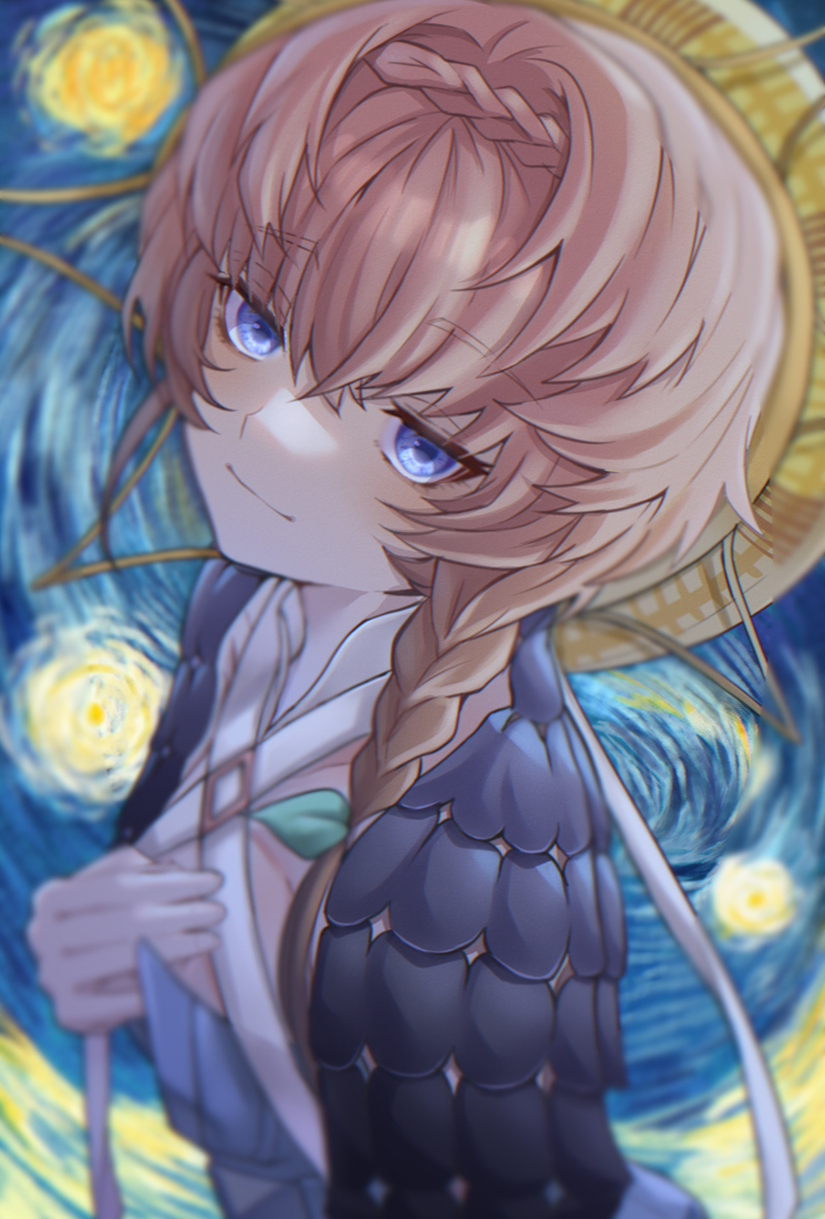 1girl, bangs, blue_eyes, blush, braid, brown_hair, crown_braid, eyebrows_visible_through_hair, fate/grand_order, fate_(series), flower, from_above, long_hair, long_sleeves, looking_at_viewer, orange_hair, side_braid, smile, solo, ssm_chan_009, sunflower, upper_body, van_gogh_(fate)