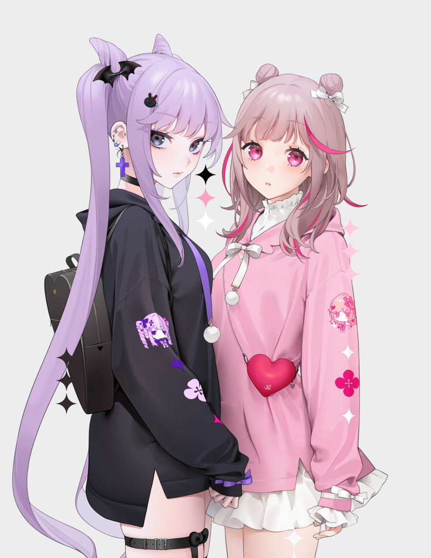 2girls, bag, bangs, bow, choker, collar, collared_shirt, commentary