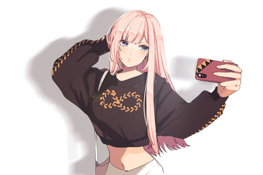 1girl, bangs, blunt_bangs, highres, holding, holding_phone, long_hair, long_sleeves