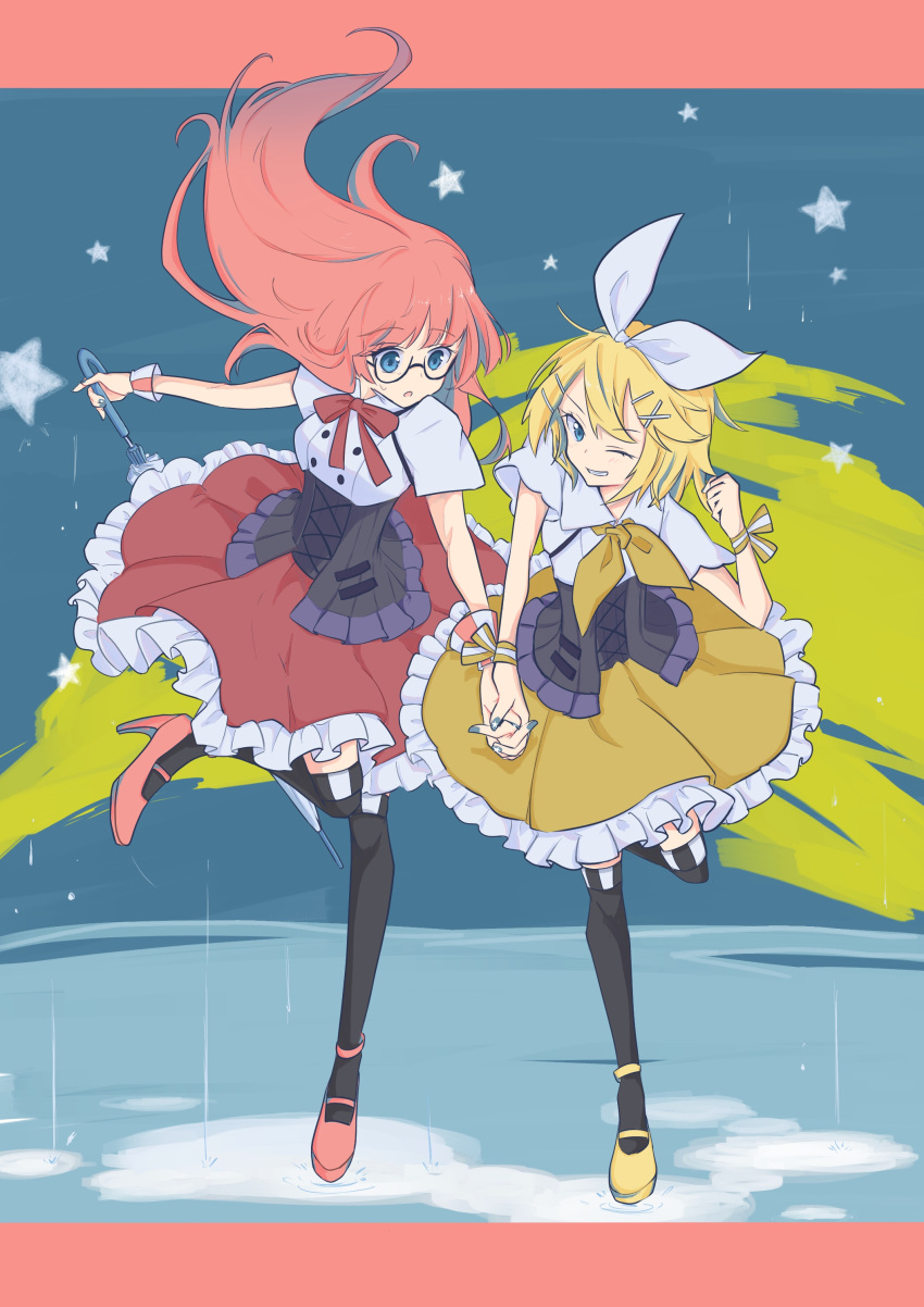 2girls, ;), absurdres, blonde_hair, bow, dress, drop_pop_candy_(vocaloid), frilled_dress