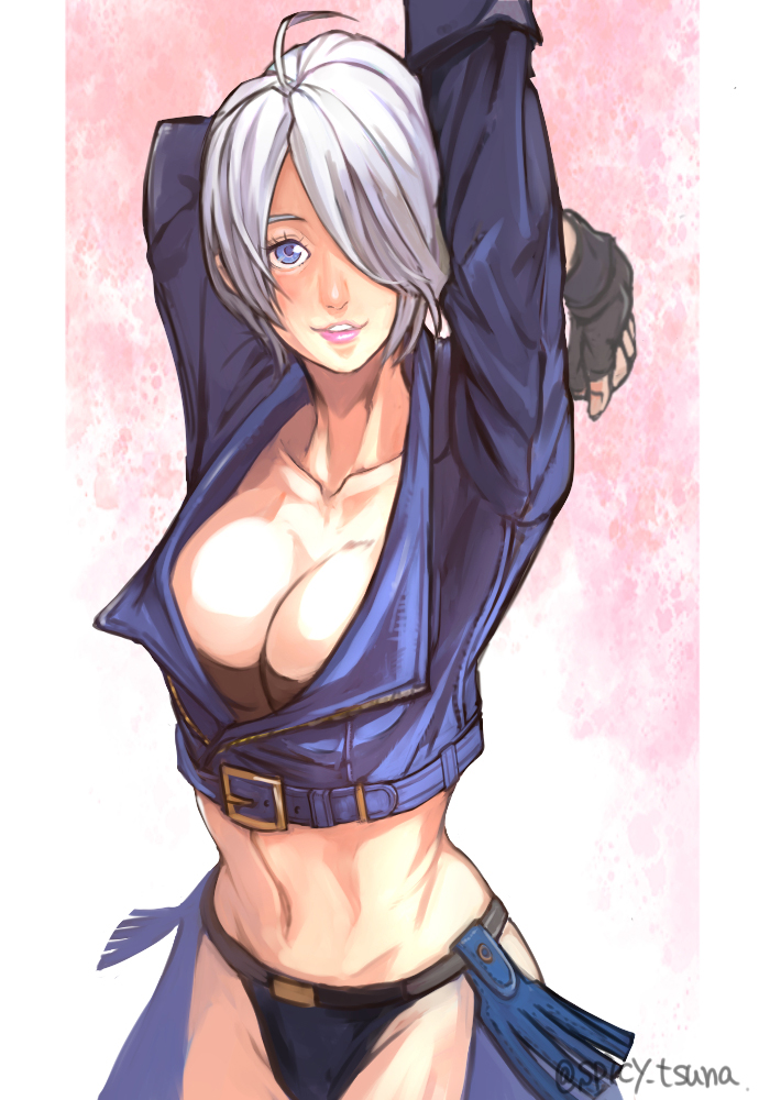 1girl, angel_(kof), arm_up, blue_eyes, bra, breasts, chaps, cropped_jacket