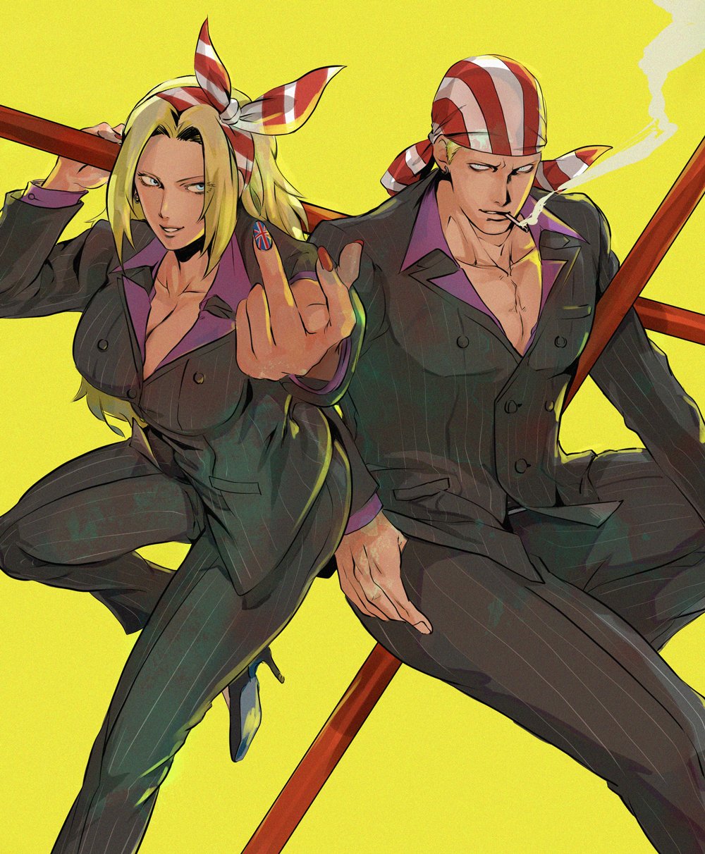 1boy, 1girl, bandana, billy_kane, blonde_hair, breasts, cigarette, dual_persona, fatal_fury, formal, genderswap, genderswap_(mtf), hand_in_pocket, highres, long_hair, middle_finger, mojyavoltage6, mouth_hold, pretty_billy_kane, smoke, smoking, suit, the_king_of_fighters, the_king_of_fighters_all-stars, three_section_staff