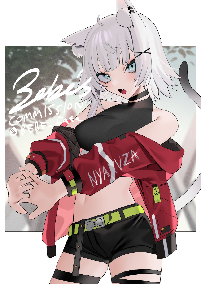 1girl, absurdres, animal_ear_fluff, animal_ears, bangs, bare_shoulders, bebe_pp, belt