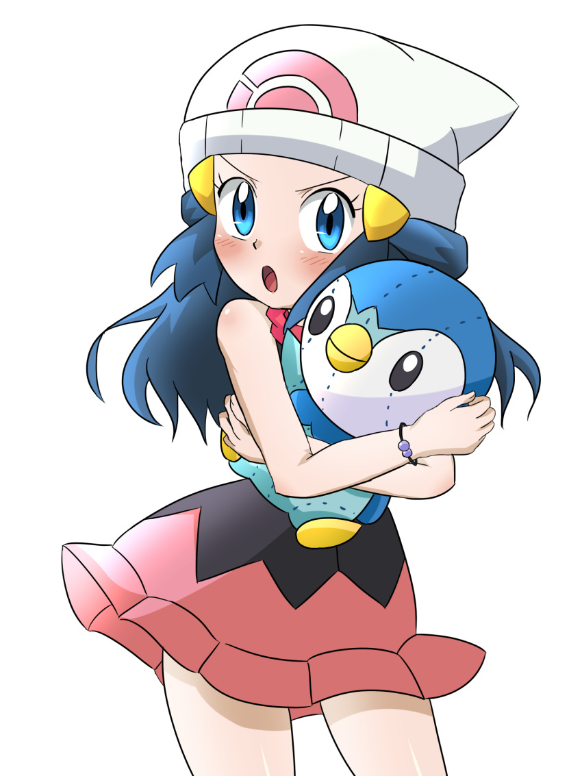 1girl, beanie, blue_eyes, blue_hair, blush, cocoa_(p_cocoa_f), hair_ornament, hairclip, hat, highres, hikari_(pokemon), holding, long_hair, looking_at_viewer, open_mouth, piplup, pokemon, pokemon_(anime), pokemon_(creature), scarf, simple_background, skirt, solo, white_background, white_headwear