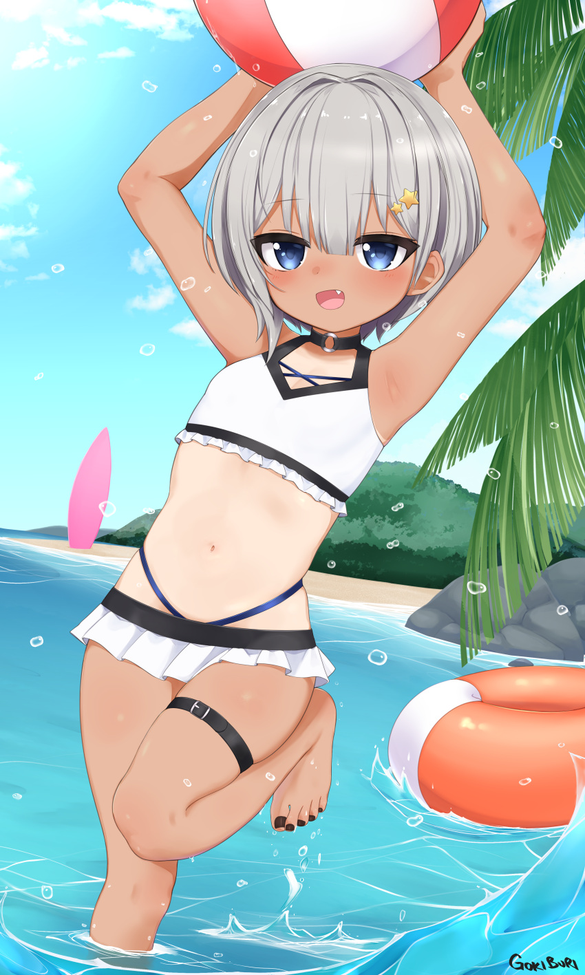 1girl, absurdres, armpits, beach, blue_eyes, choker, flat_chest, goki_buri